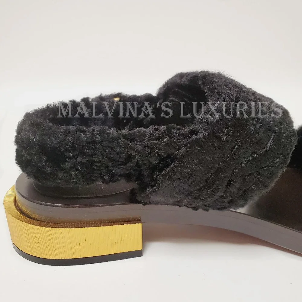 GUCCI SHOES RE-EDITION FAUX FUR BLACK VELVET SANDALS sz US 11